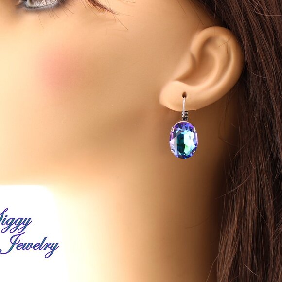 Sphinx Green Blue 18x13mm Oval Drop Crystal Earrings, Large Statement Lever Back - Picture 5 of 7
